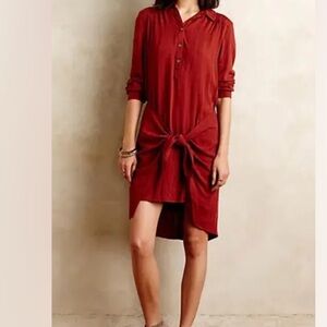 Anthropologie Maeve Bloomsbury Red Tie Front Shirtdress‎ Size 10